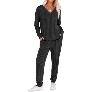 ANRABESS Women’s 2 Piece Lounge Pajama Sets Casual Ribbed Knit V Neck Long Sleeve Jogger Pants Matching Set 2025 Fall Outfits(Black)