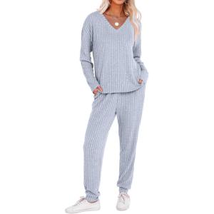 ANRABESS Women’s 2 Piece Lounge Pajama Sets Casual Ribbed Knit V Neck Long Sleeve Jogger Pants Matching Set 2025 Fall Outfits(Blue)