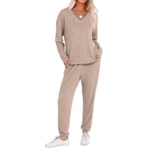 ANRABESS Women’s 2 Piece Lounge Pajama Sets Casual Ribbed Knit V Neck Long Sleeve Jogger Pants Matching Set 2025 Fall Outfits(Khaki)