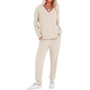 ANRABESS Women’s 2 Piece Lounge Pajama Sets Casual Ribbed Knit V Neck Long Sleeve Jogger Pants Matching Set 2025 Fall Outfits(Light Khaki)