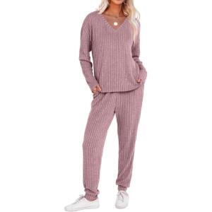 ANRABESS Women’s 2 Piece Lounge Pajama Sets Casual Ribbed Knit V Neck Long Sleeve Jogger Pants Matching Set 2025 Fall Outfits(Mauve)