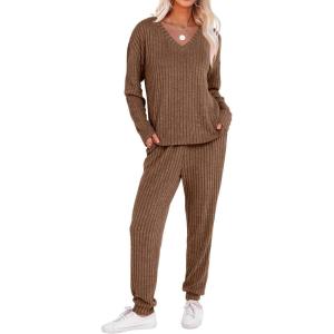 ANRABESS Women’s 2 Piece Lounge Pajama Sets Casual Ribbed Knit V Neck Long Sleeve Jogger Pants Matching Set 2025 Fall Outfits(Tan)