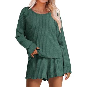 ANRABESS Women’s 2 Piece Lounge Pajama Sets Casual Ribbed Long Sleeve Top Matching Shorts Sleepwear PJ Set 2025 Fall Outfits(Green)