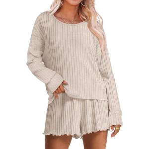 ANRABESS Women’s 2 Piece Lounge Pajama Sets Casual Ribbed Long Sleeve Top Matching Shorts Sleepwear PJ Set 2025 Fall Outfits(Light Khaki)