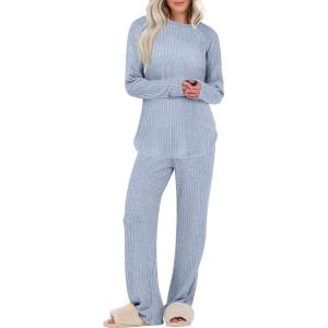 ANRABESS Womens 2 Piece Lounge Pajama Sets Ribbed Knit Long Sleeve Tunic Tops Matching Pants Casual Fall Sleepwear Outfits(Blue)