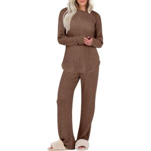 ANRABESS Womens 2 Piece Lounge Pajama Sets Ribbed Knit Long Sleeve Tunic Tops Matching Pants Casual Fall Sleepwear Outfits(Brown)