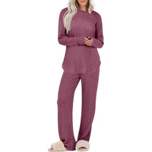 ANRABESS Womens 2 Piece Lounge Pajama Sets Ribbed Knit Long Sleeve Tunic Tops Matching Pants Casual Fall Sleepwear Outfits(Dark Red)