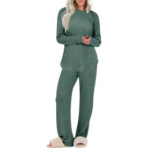 ANRABESS Womens 2 Piece Lounge Pajama Sets Ribbed Knit Long Sleeve Tunic Tops Matching Pants Casual Fall Sleepwear Outfits(Green)