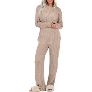 ANRABESS Womens 2 Piece Lounge Pajama Sets Ribbed Knit Long Sleeve Tunic Tops Matching Pants Casual Fall Sleepwear Outfits(Tan)