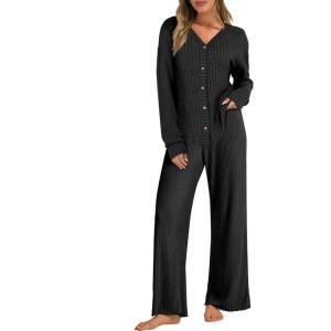 ANRABESS Women’s 2 Piece Lounge Pajama Sets Ribbed Long Sleeve Button Top Matching Pants Sleepwear PJ Set 2025 Fall Outfits(Black)