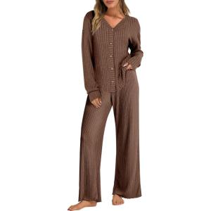 ANRABESS Women’s 2 Piece Lounge Pajama Sets Ribbed Long Sleeve Button Top Matching Pants Sleepwear PJ Set 2025 Fall Outfits(Brown)