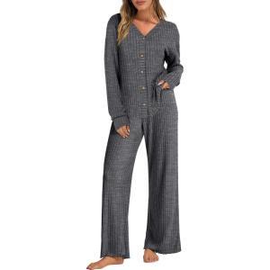ANRABESS Women’s 2 Piece Lounge Pajama Sets Ribbed Long Sleeve Button Top Matching Pants Sleepwear PJ Set 2025 Fall Outfits(Deep Grey)