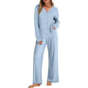 ANRABESS Women’s 2 Piece Lounge Pajama Sets Ribbed Long Sleeve Button Top Matching Pants Sleepwear PJ Set 2025 Fall Outfits(Light Blue)