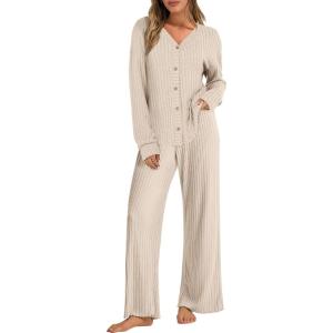 ANRABESS Women’s 2 Piece Lounge Pajama Sets Ribbed Long Sleeve Button Top Matching Pants Sleepwear PJ Set 2025 Fall Outfits(Light Khaki)