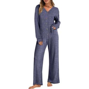 ANRABESS Women’s 2 Piece Lounge Pajama Sets Ribbed Long Sleeve Button Top Matching Pants Sleepwear PJ Set 2025 Fall Outfits(Navy Blue)