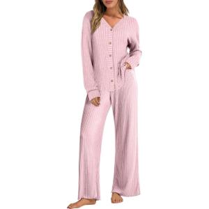 ANRABESS Women’s 2 Piece Lounge Pajama Sets Ribbed Long Sleeve Button Top Matching Pants Sleepwear PJ Set 2025 Fall Outfits(Pink Yarrow)