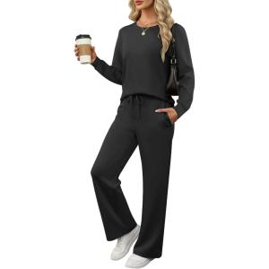 ANRABESS Women’s 2 Piece Lounge Sets Casual Travel Outfits Wide Leg Tracksuit Sweatsuits Matching Set 2025 Fall Clothes(Black)