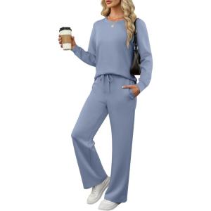 ANRABESS Women’s 2 Piece Lounge Sets Casual Travel Outfits Wide Leg Tracksuit Sweatsuits Matching Set 2025 Fall Clothes(Blue)