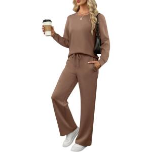 ANRABESS Women’s 2 Piece Lounge Sets Casual Travel Outfits Wide Leg Tracksuit Sweatsuits Matching Set 2025 Fall Clothes(Brown)