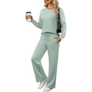 ANRABESS Women’s 2 Piece Lounge Sets Casual Travel Outfits Wide Leg Tracksuit Sweatsuits Matching Set 2025 Fall Clothes(Green)