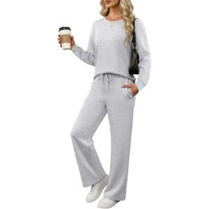 ANRABESS Women’s 2 Piece Lounge Sets Casual Travel Outfits Wide Leg Tracksuit Sweatsuits Matching Set 2025 Fall Clothes(Grey)