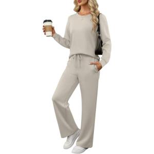 ANRABESS Women’s 2 Piece Lounge Sets Casual Travel Outfits Wide Leg Tracksuit Sweatsuits Matching Set 2025 Fall Clothes(Light Grey)