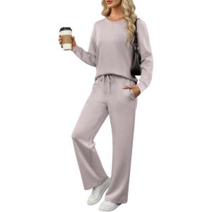 ANRABESS Women’s 2 Piece Lounge Sets Casual Travel Outfits Wide Leg Tracksuit Sweatsuits Matching Set 2025 Fall Clothes(Light Khaki)