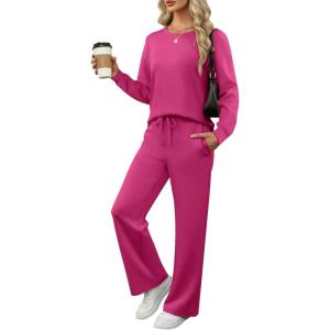 ANRABESS Women’s 2 Piece Lounge Sets Casual Travel Outfits Wide Leg Tracksuit Sweatsuits Matching Set 2025 Fall Clothes(Rose Red)