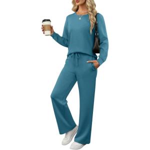 ANRABESS Women’s 2 Piece Lounge Sets Casual Travel Outfits Wide Leg Tracksuit Sweatsuits Matching Set 2025 Fall Clothes(Teal)