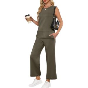 ANRABESS Women’s 2 Piece Outfits 2025 Summer Beach Vacation Clothes Fall Travel Casual Lounge Matching Sets Sweatsuits(Army Green)
