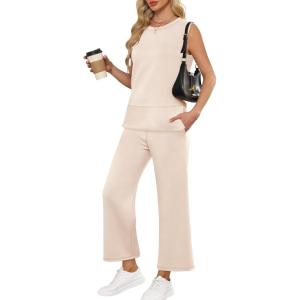 ANRABESS Women’s 2 Piece Outfits 2025 Summer Beach Vacation Clothes Fall Travel Casual Lounge Matching Sets Sweatsuits(Beige)
