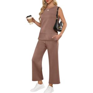 ANRABESS Women’s 2 Piece Outfits 2025 Summer Beach Vacation Clothes Fall Travel Casual Lounge Matching Sets Sweatsuits(Brown)