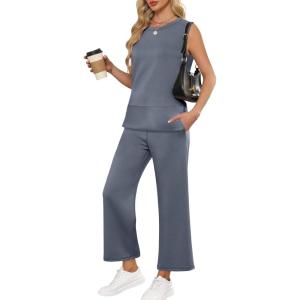 ANRABESS Women’s 2 Piece Outfits 2025 Summer Beach Vacation Clothes Fall Travel Casual Lounge Matching Sets Sweatsuits(Grey Blue)