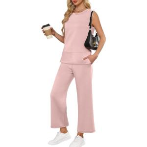 ANRABESS Women’s 2 Piece Outfits 2025 Summer Beach Vacation Clothes Fall Travel Casual Lounge Matching Sets Sweatsuits(Light Pink)