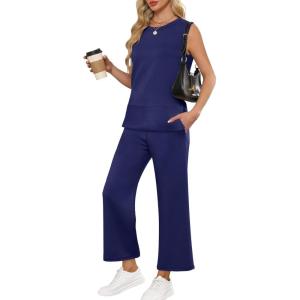 ANRABESS Women’s 2 Piece Outfits 2025 Summer Beach Vacation Clothes Fall Travel Casual Lounge Matching Sets Sweatsuits(Navy)