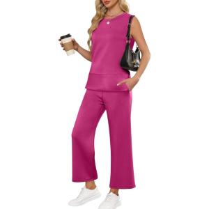 ANRABESS Women’s 2 Piece Outfits 2025 Summer Beach Vacation Clothes Fall Travel Casual Lounge Matching Sets Sweatsuits(Rose Red)