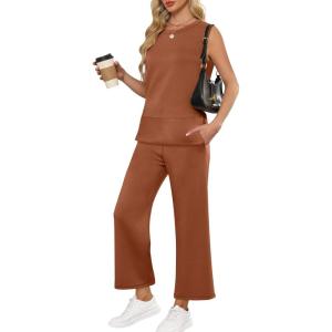 ANRABESS Women’s 2 Piece Outfits 2025 Summer Beach Vacation Clothes Fall Travel Casual Lounge Matching Sets Sweatsuits(Rust)