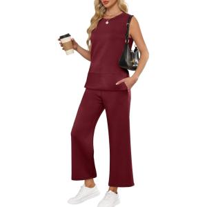 ANRABESS Women’s 2 Piece Outfits 2025 Summer Beach Vacation Clothes Fall Travel Casual Lounge Matching Sets Sweatsuits(Wine Red)