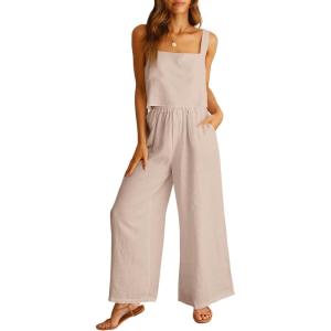 ANRABESS Women’s 2 Piece Outfits Linen Pants Jumpsuit Matching Lounge Set Casual Summer Beach Vacation Trendy Clothes(Apricot)