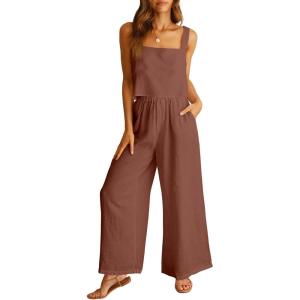 ANRABESS Women’s 2 Piece Outfits Linen Pants Jumpsuit Matching Lounge Set Casual Summer Beach Vacation Trendy Clothes(Brown)