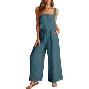 ANRABESS Women’s 2 Piece Outfits Linen Pants Jumpsuit Matching Lounge Set Casual Summer Beach Vacation Trendy Clothes(Grey Blue)