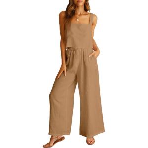 ANRABESS Women’s 2 Piece Outfits Linen Pants Jumpsuit Matching Lounge Set Casual Summer Beach Vacation Trendy Clothes(Light Brown)