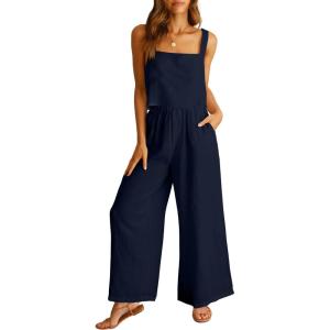 ANRABESS Women’s 2 Piece Outfits Linen Pants Jumpsuit Matching Lounge Set Casual Summer Beach Vacation Trendy Clothes(Navy Blue)