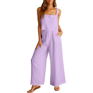 ANRABESS Women’s 2 Piece Outfits Linen Pants Jumpsuit Matching Lounge Set Casual Summer Beach Vacation Trendy Clothes(Purple)