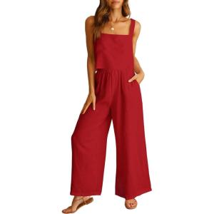 ANRABESS Women’s 2 Piece Outfits Linen Pants Jumpsuit Matching Lounge Set Casual Summer Beach Vacation Trendy Clothes(Red)