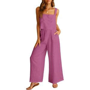 ANRABESS Women’s 2 Piece Outfits Linen Pants Jumpsuit Matching Lounge Set Casual Summer Beach Vacation Trendy Clothes(Rose)