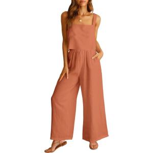 ANRABESS Women’s 2 Piece Outfits Linen Pants Jumpsuit Matching Lounge Set Casual Summer Beach Vacation Trendy Clothes(Rust)