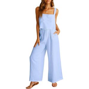ANRABESS Women’s 2 Piece Outfits Linen Pants Jumpsuit Matching Lounge Set Casual Summer Beach Vacation Trendy Clothes(Sky)