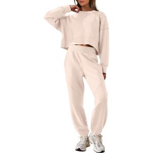 ANRABESS Womens 2 Piece Outfits Lounge Sets Cropped Sweatshirt Joggers Fashion Sweatsuit Sweat Set 2025 Winter Travel Outfits(Apricot)