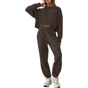 ANRABESS Womens 2 Piece Outfits Lounge Sets Cropped Sweatshirt Joggers Fashion Sweatsuit Sweat Set 2025 Winter Travel Outfits(Coffee)